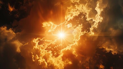 A radiant sunburst breaking through dark clouds, symbolizing hope and enlightenment on Ascension Day. 8k, realistic, full ultra HD, high resolution, cinematic photography ar 16:9