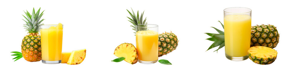 Collection of Pineapple Juice isolated on transparent png background. Generative ai