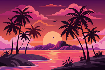 Tropical island sunrise, palm trees silhouetted against a pink sky