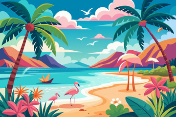 Tropical beach with palm trees and flamingos