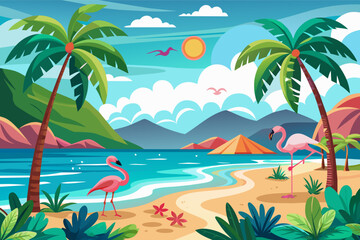 Fototapeta na wymiar Tropical beach with palm trees and flamingos