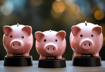 'Three piggy banks pedestal poduim baby pig bank award victory finance business box savings currency wealth money investment white account save tax deposit banking debt interest'