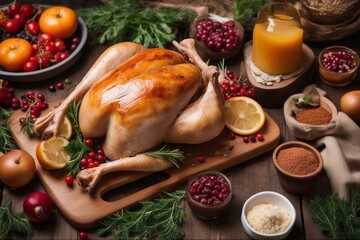 'board raw turkey ingredients wooden background bird chicken christmas cook cooking cookery culinary day dinner food fresh fries garlic epicure healthy herb holiday ingredient kitchen meal meat'