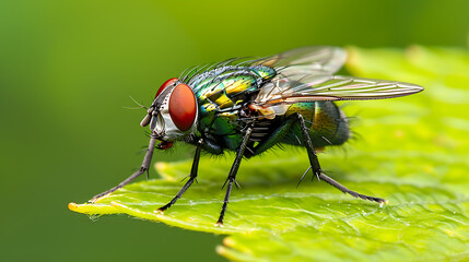 Fototapeta premium a close-up view of a fly perched on a vibrant green leaf. The intricate details of the fly are prominently displayed against a softly blurred natural background