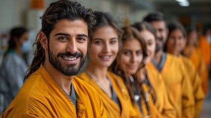 Obraz premium A group of people in orange scrubs standing next to each other, AI