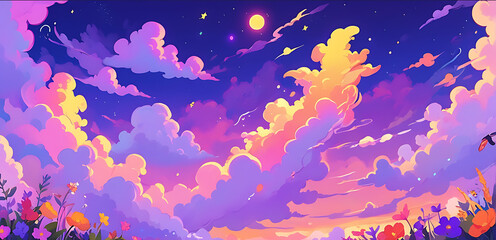 A captivating animated background featuring a vast, endless sky with vibrant colors transitioning from deep purples to bright yellows. The sky is dotted with whimsical clouds that morph into various s