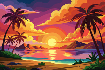 The vibrant colors of a tropical sunset painting the sky
