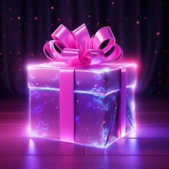 A Radiant Neon-Lit Gift Box Wrapped with a Pink Bow Against a Magical Backdrop