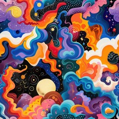Abstract painting of vibrant clouds and planets, ideal for backgrounds