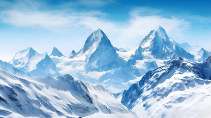 Panoramic view of snowy mountains. Winter landscape. 3D illustration