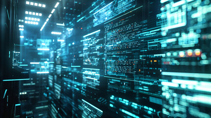 Obraz premium Data Engineer Analyzing Code on Dual Digital Screens