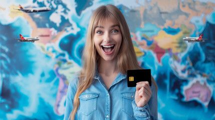 happy young woman holding a credit card with a colorful world map and airplanes background