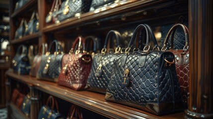 lineup of luxurious purses neatly arranged on top of a wooden shelf.