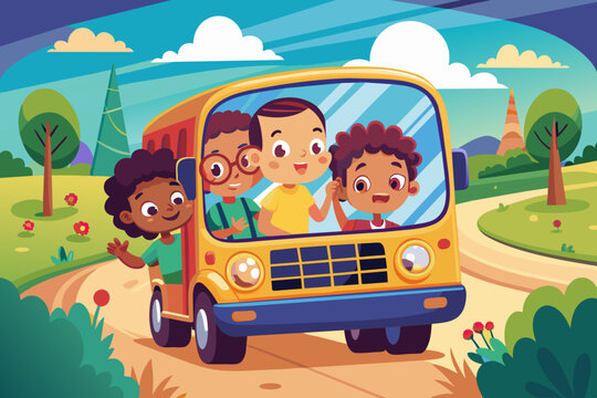 The reflection of a joyful group of children in the school bus rearview mirror