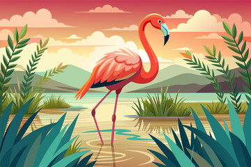 Fototapeta premium The majestic grace of a flamingo wading through a marsh