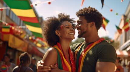 Happy young African American couple celebrating Juneteenth Freedom and African liberation day. Black life matters. Black history month.