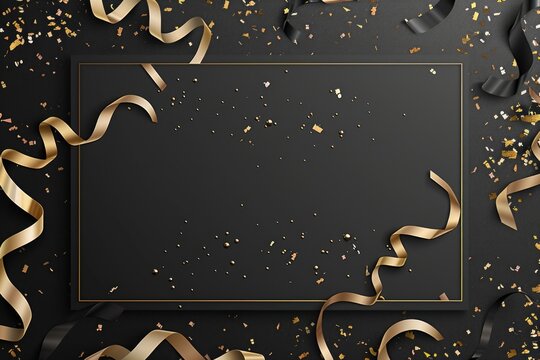 Elegant gold and silver streamers and confetti on a black background. Perfect for festive occasions