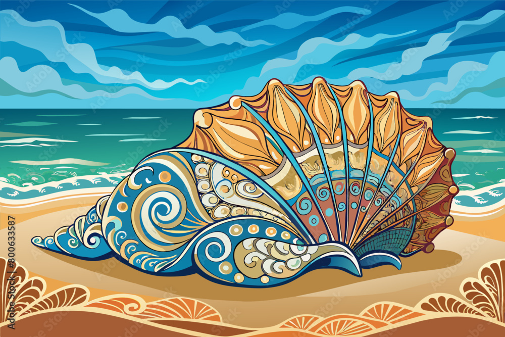 Poster The intricate patterns of a seashell washed up on the shore