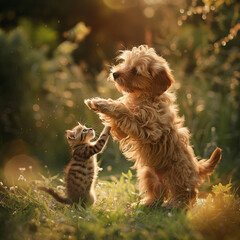 Illustration of cat and dog playing together. Image produced by artificial intelligence.	