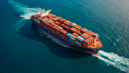 cargo ship with containers in a beautiful ocean, aero