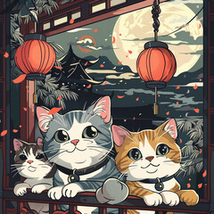 Fototapeta premium Illustration of kittens with oriental themes. Image made by artificial intelligence.