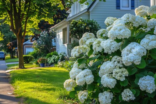 White flowers bush in front of a house, perfect for home decor projects