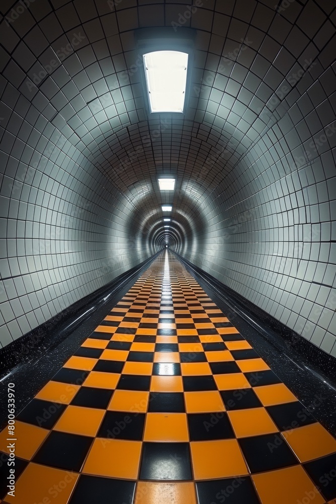 Wall mural A long tunnel with a checkered floor and orange lights, AI