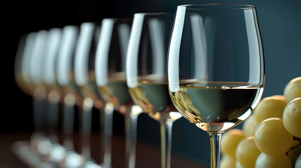 Glasses of white wine and grapes in a row on a dark background generativa IA