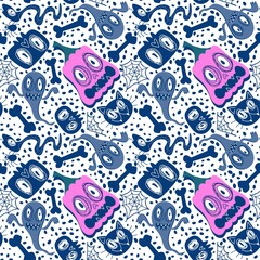 Autumn cartoon doodle print seamless Halloween pumpkins and ghost and cat and skulls and bones pattern