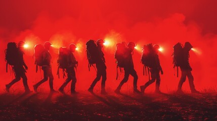 Obraz premium A group of people with backpacks walking through red smoke, AI