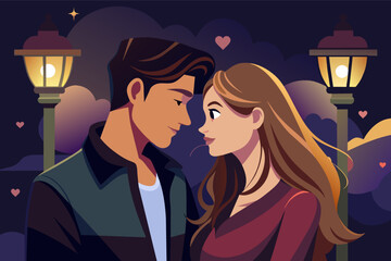 The couples faces illuminated by the soft glow of a streetlamp, their expressions filled with love and tenderness