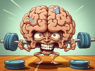 cartoon brain flexes its muscles as it lifts a barbell on a wooden floor.