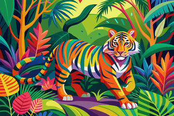 The colorful stripes of a tiger prowling through the jungle