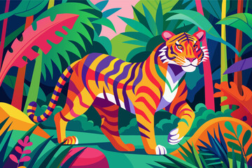 Naklejka premium The colorful stripes of a tiger prowling through the jungle