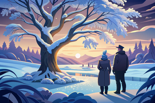 The couple pausing to admire the beauty of a frostcovered tree, its branches glistening in the soft light of dawn