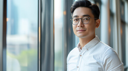Middle-aged Asian man with glasses standing in front of a window. Businessman appears calm and contemplative as he gazes through the glass