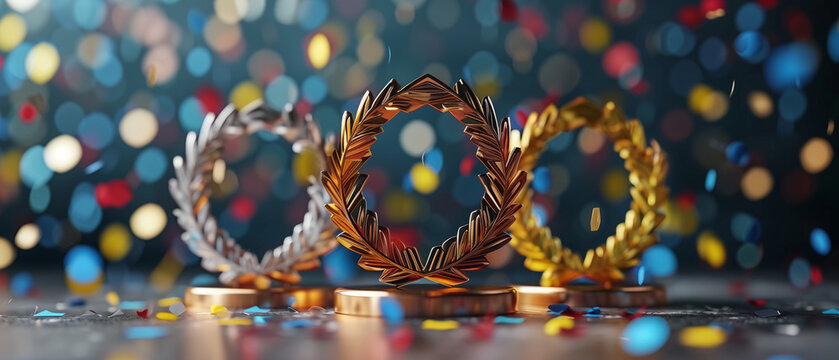 Three laurel wreaths  in gold , silver and bronze . Sports award displayed on table. The wreaths are intricately designed, showcasing their elegant and sport competition symbolic