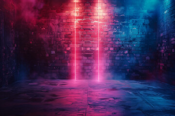 Room with brick wall  with two  modern futuristic neon vertical lines  lights with vibrant glow , nice background