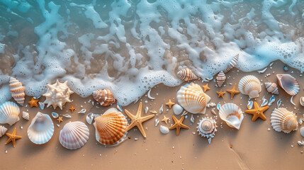 Seashells and starfish scattered across a sandy beach on a sunny day, creating a natural arrangement against the shore