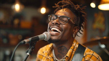 Happy black African American  man with glasses is energetically singing into a microphone 