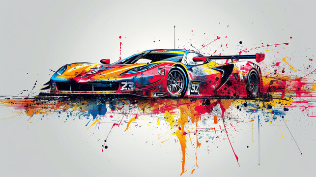 A dynamic painting featuring a racing car covered in colorful paint splatters, adding a sense of movement and excitement to the artwork