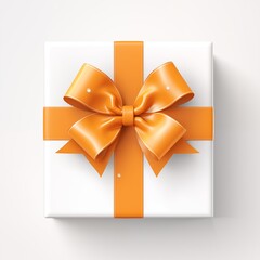 Elegant white gift box with a glossy orange ribbon on a plain background