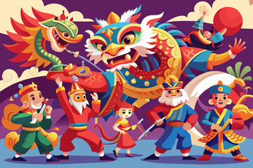 A colorful image of performers in traditional Chinese dragon and lion dances during the Lunar New Year celebrations