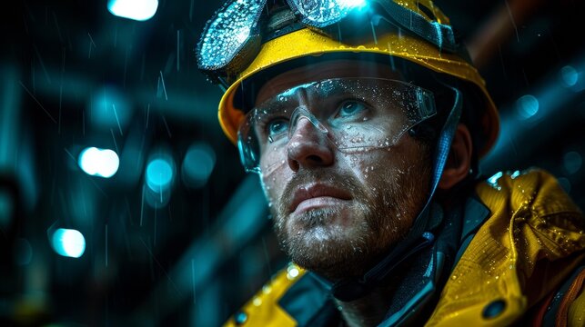 A man wearing a hard hat and goggles in the rain, AI