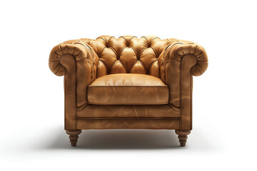 A front view of a Chesterfield chair, showcasing its rolled arms and plush cushioning, isolated on solid white background.