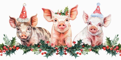 Festive pigs sitting on holly branch, perfect for holiday designs