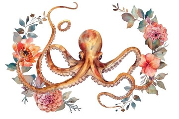 Colorful watercolor painting of an octopus surrounded by beautiful flowers. Suitable for nature and marine life themes