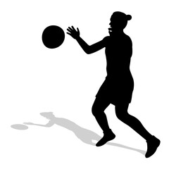 Single image of black female silhouette of basketball player in a ball game. Basketball