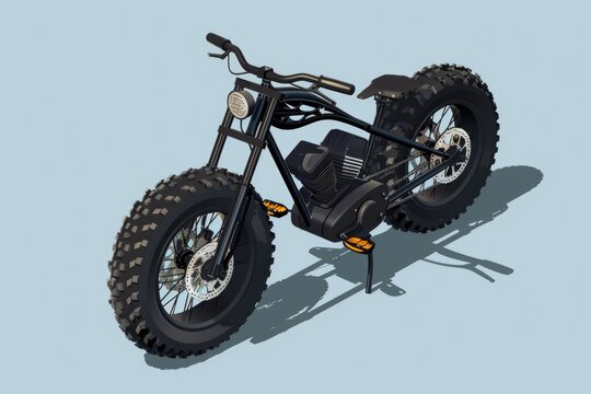 A black motorcycle with a big tire on a blue background. Suitable for automotive and transportation concepts