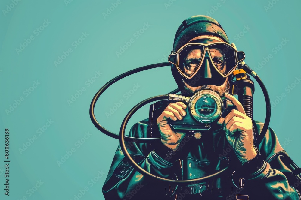Poster a man wearing a gas mask holding a camera. suitable for concepts related to pollution or photography